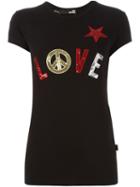 Love Moschino Sequined Love Patch T-shirt, Women's, Size: 38, Black, Cotton/spandex/elastane/pvc