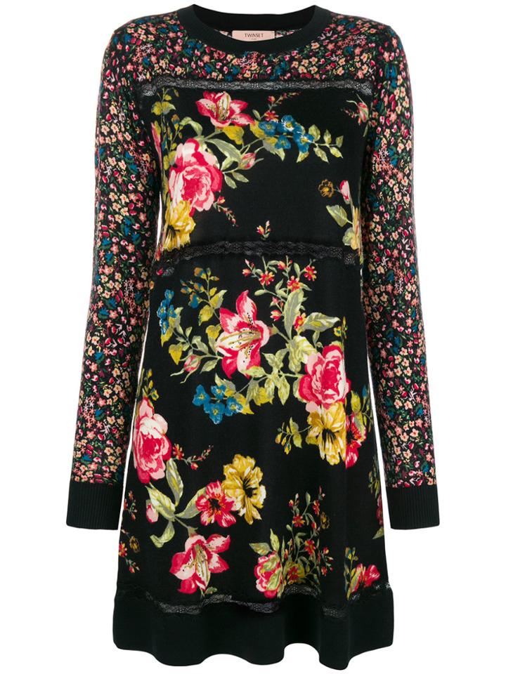 Twin-set Patchwork Floral Mini Dress - Black