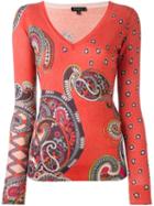 Etro Paisley Print V Neck Jumper, Women's, Size: 42, Yellow/orange, Silk/cashmere