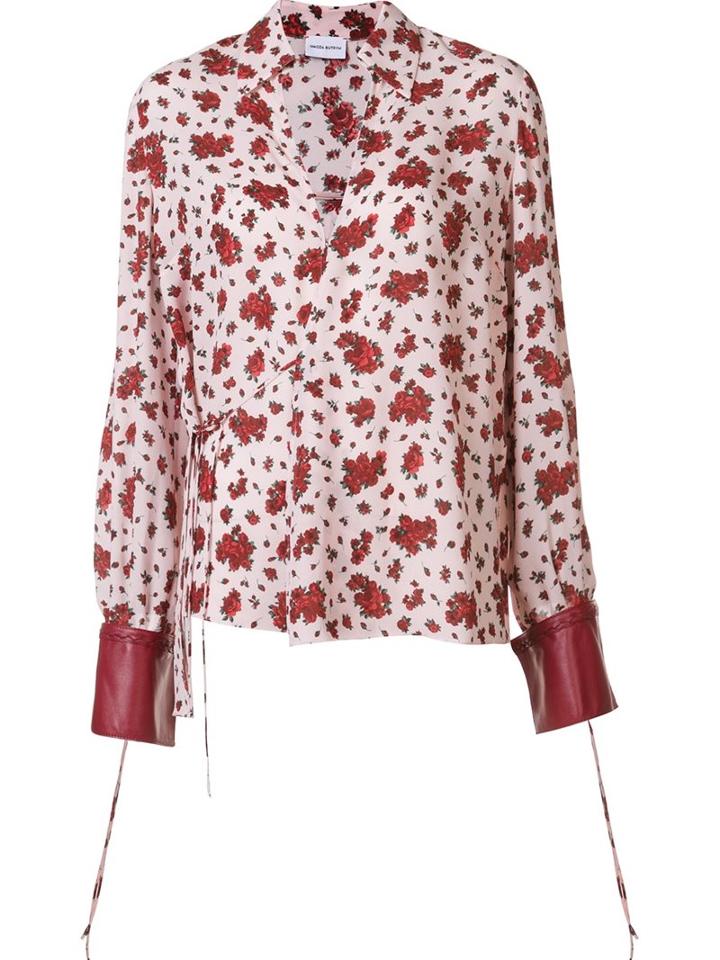 Magda Butrym Leather Trim Wrap Shirt, Women's, Size: 38, Red, Silk/leather