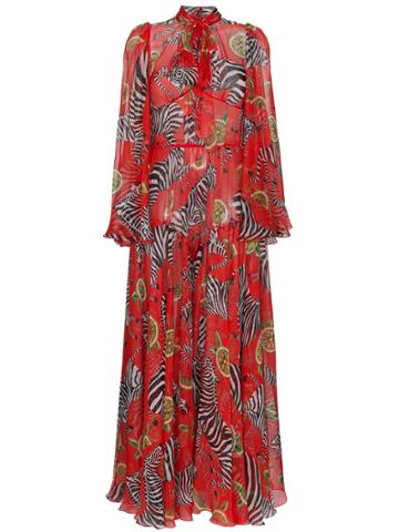 Dolce & Gabbana Silk Zebra And Lemon Print Dress - Red