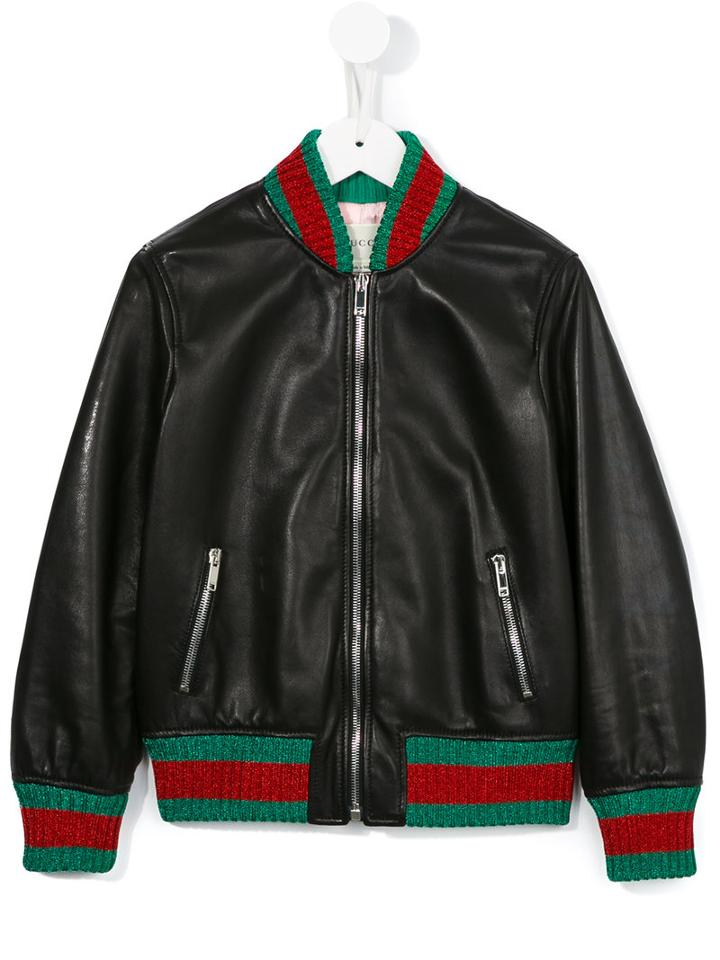 Gucci Kids Contrast Stripe Leather Jacket, Girl's, Size: 12 Yrs, Black