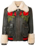 Gucci Embroidered Shearling Lined Bomber Jacket - Brown