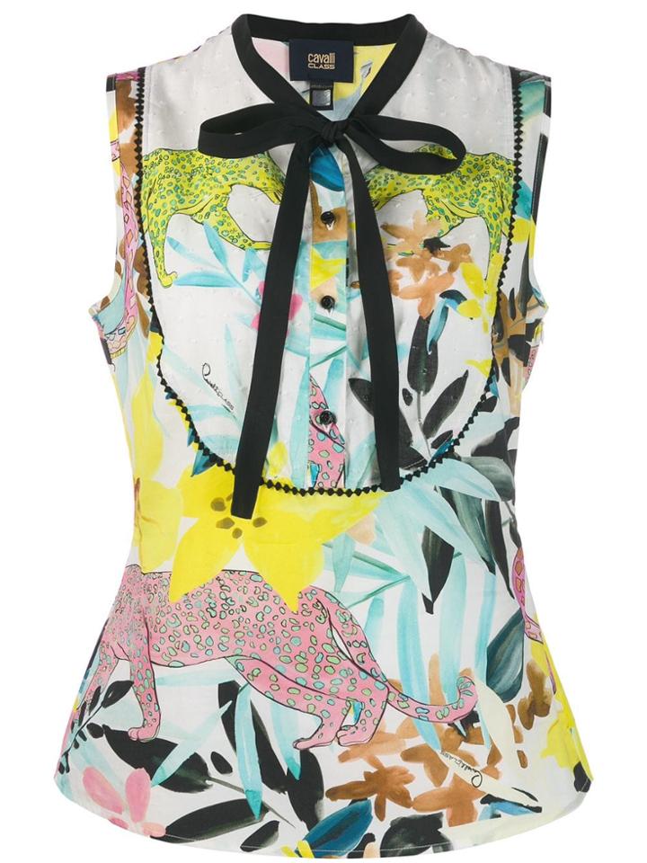 Cavalli Class Big Cat Print Sleeveless Blouse - White