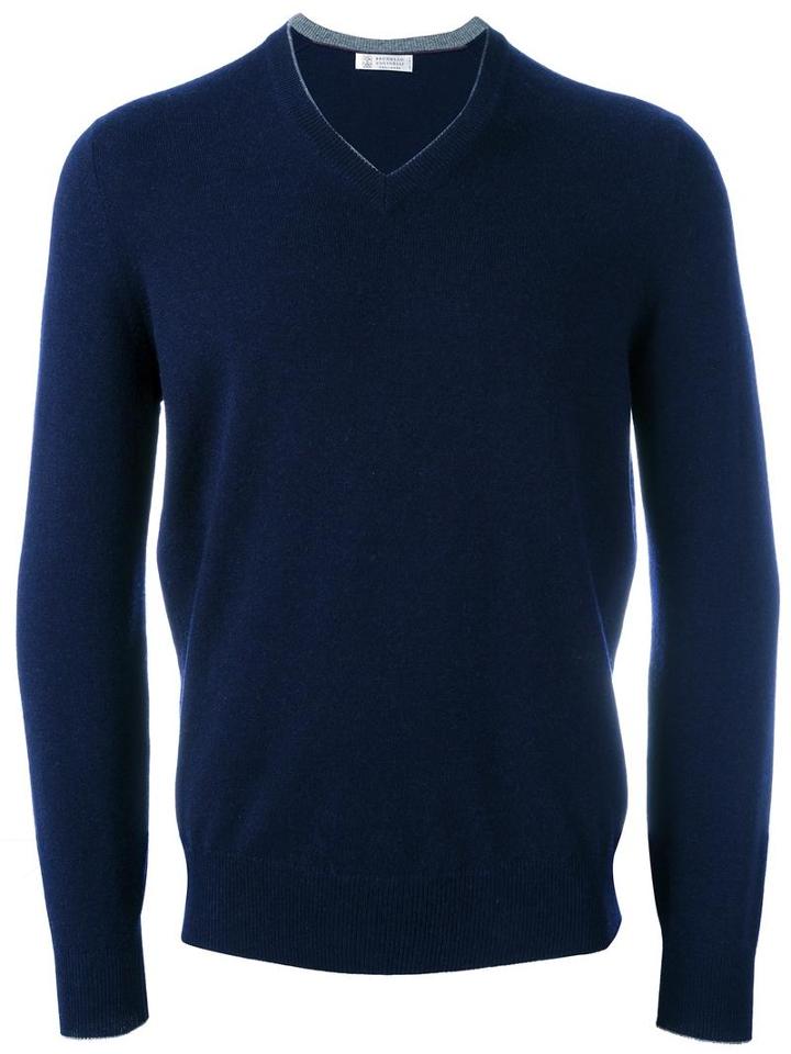 Brunello Cucinelli V Neck Jumper, Men's, Size: 50, Blue, Silk/cashmere/virgin Wool
