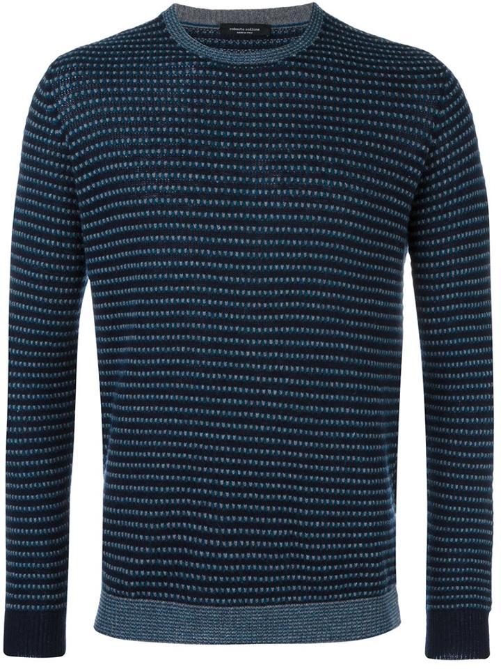 Roberto Collina Patterned Crew Neck Sweater, Men's, Size: 52, Blue, Cashmere