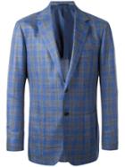 Kiton Woven Check Blazer, Men's, Size: 54, Blue, Silk/linen/flax/wool