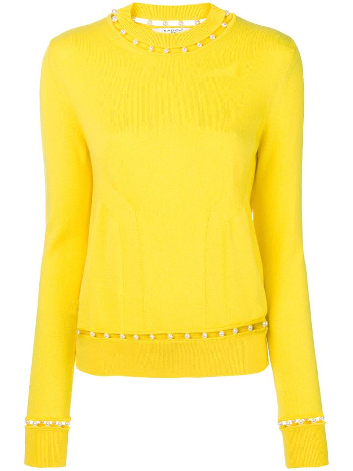 Givenchy - Faux Pearl Trim Jumper - Women - Silk/pearls/cashmere/wool - M, Yellow/orange, Silk/pearls/cashmere/wool