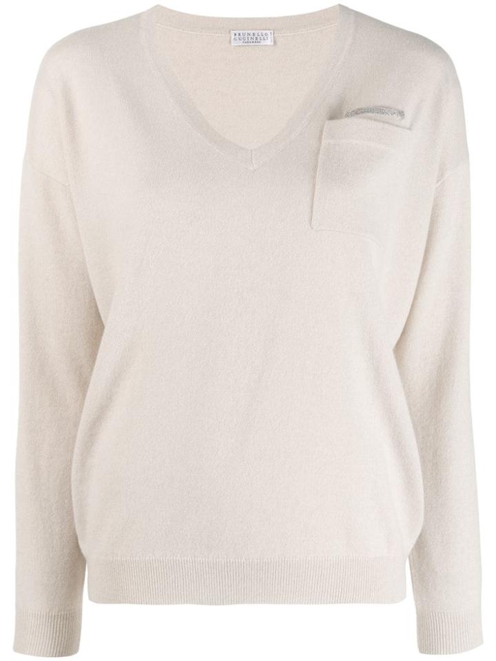 Brunello Cucinelli V-neck Cashmere Sweater - Neutrals