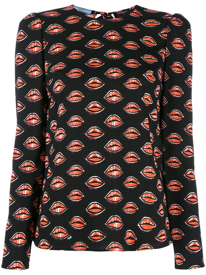 Prada Lip Print Blouse, Women's, Size: 40, Black, Spandex/elastane/viscose