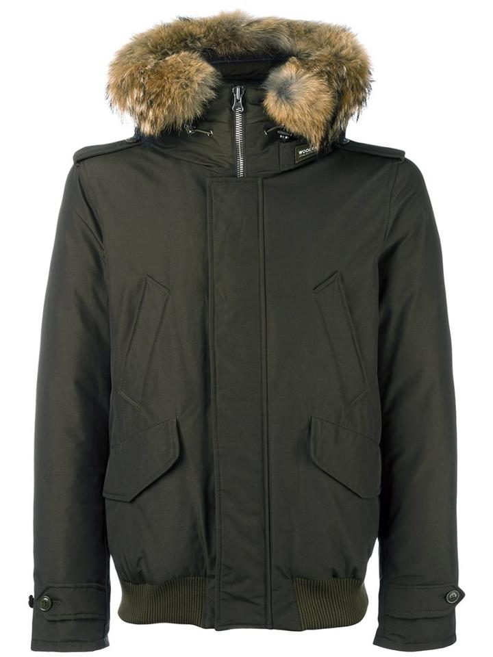 Woolrich Hooded Zip Up Jacket, Men's, Size: Medium, Green, Cotton/feather Down/polyamide/coyote Fur