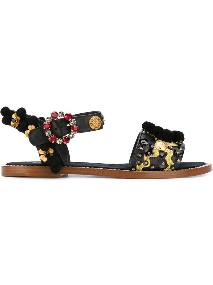 Dolce & Gabbana Embellished Flat Sandals, Women's, Size: 35.5, Black, Leather/polyester