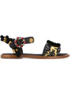 Dolce & Gabbana Embellished Flat Sandals, Women's, Size: 35.5, Black, Leather/polyester
