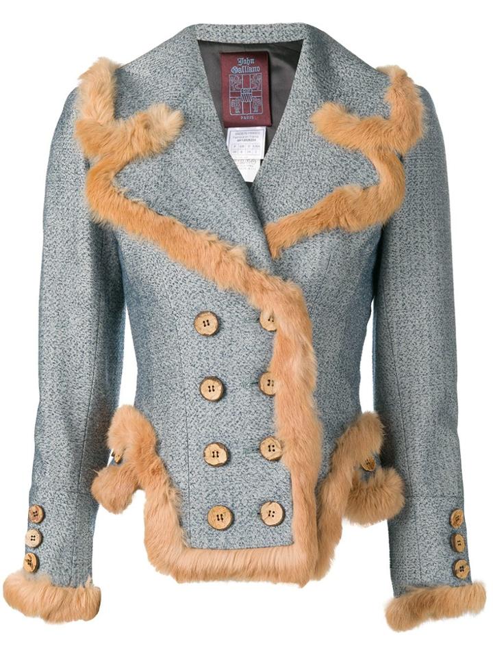 John Galliano Vintage Fur Trim Double Breasted Jacket - Blue