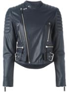 Cédric Charlier Padded Detail Biker Jacket, Women's, Size: 42, Blue, Sheep Skin/shearling/rayon/acetate
