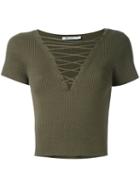 T By Alexander Wang - Lace-up Ribbed Top - Women - Cotton/cashmere - M, Green, Cotton/cashmere