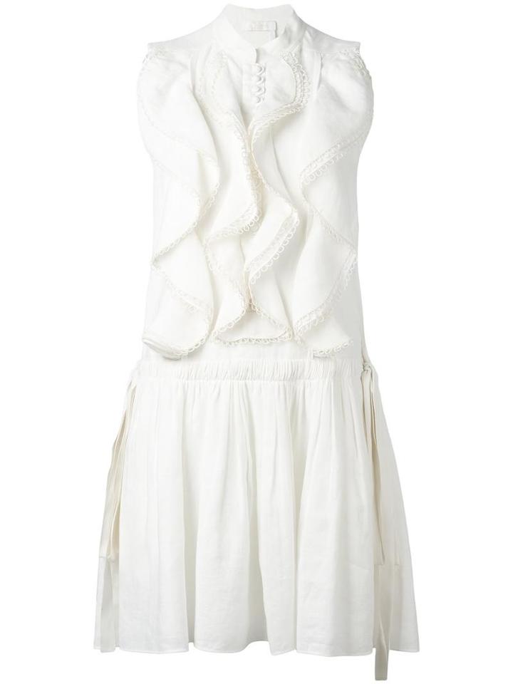 Chloé Ruffled Embroidered Trim Dress, Women's, Size: 36, White, Linen/flax/cotton/silk/polyester