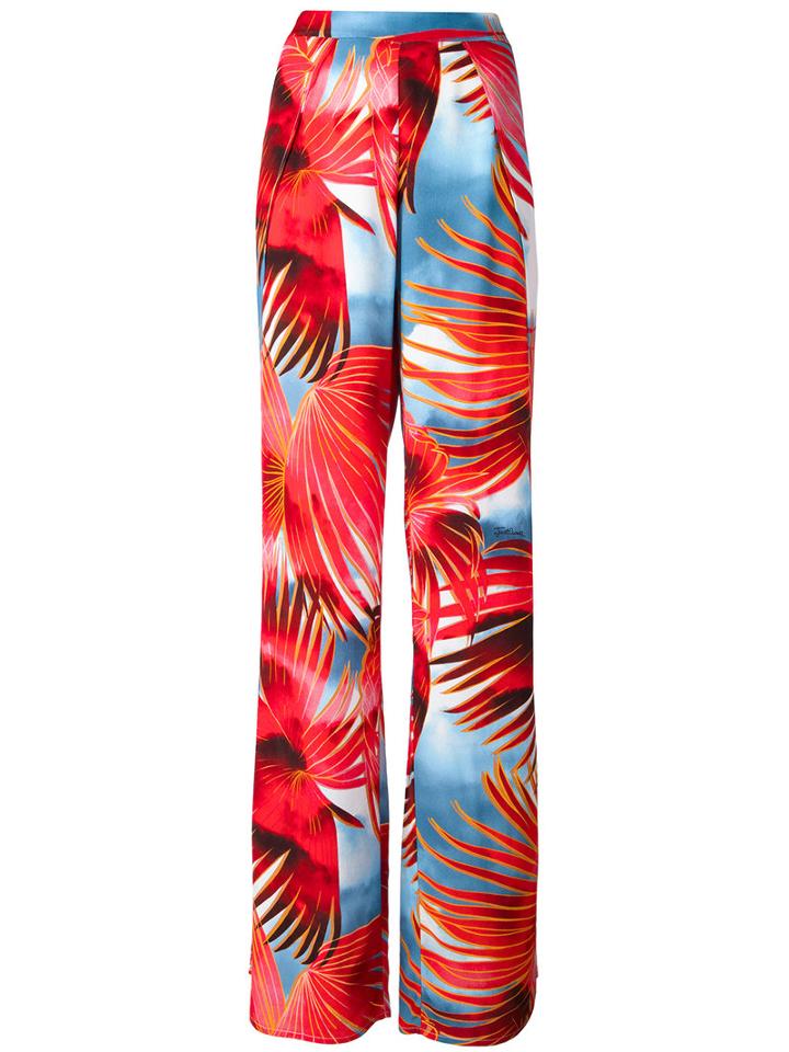 Just Cavalli Tropical Print Palazzo Pants, Women's, Size: 38, Red, Viscose
