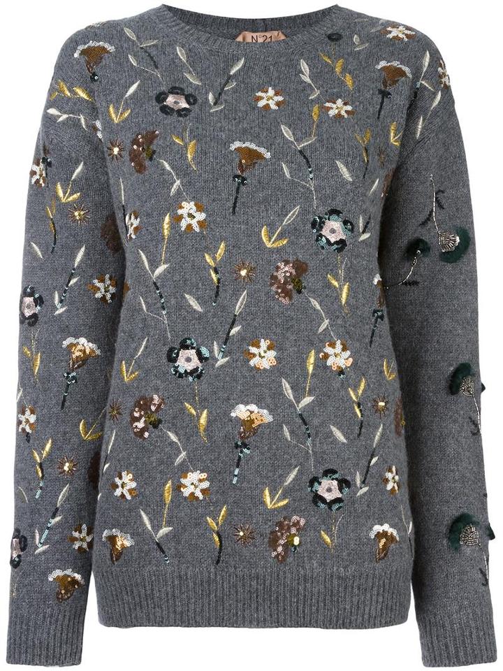 No21 Embellished Floral Jumper, Women's, Size: 38, Grey, Alpaca/polyamide/polyester