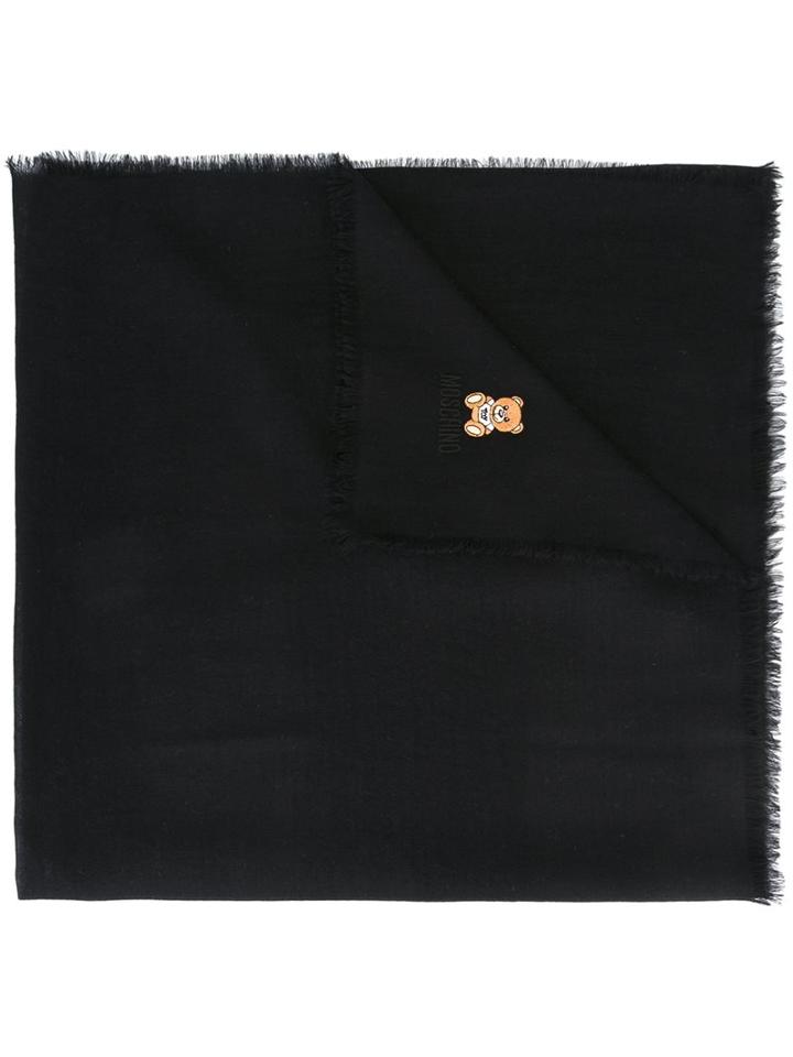 Moschino Frayed Bear Embroidered Scarf, Women's, Black, Cashmere