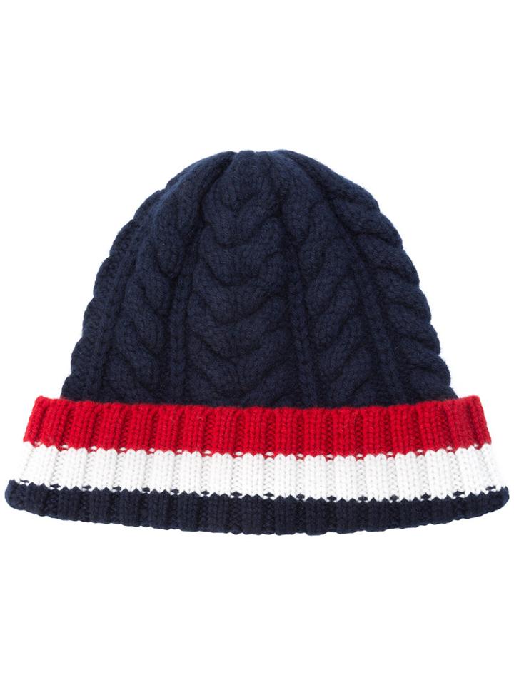 Thom Browne Aran Cable Hat With Red, White And Blue Hem Stripe In Navy