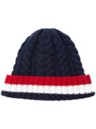 Thom Browne Aran Cable Hat With Red, White And Blue Hem Stripe In Navy