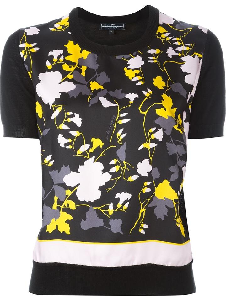 Salvatore Ferragamo Floral Print Knit T-shirt, Women's, Size: Medium, Black, Silk/virgin Wool