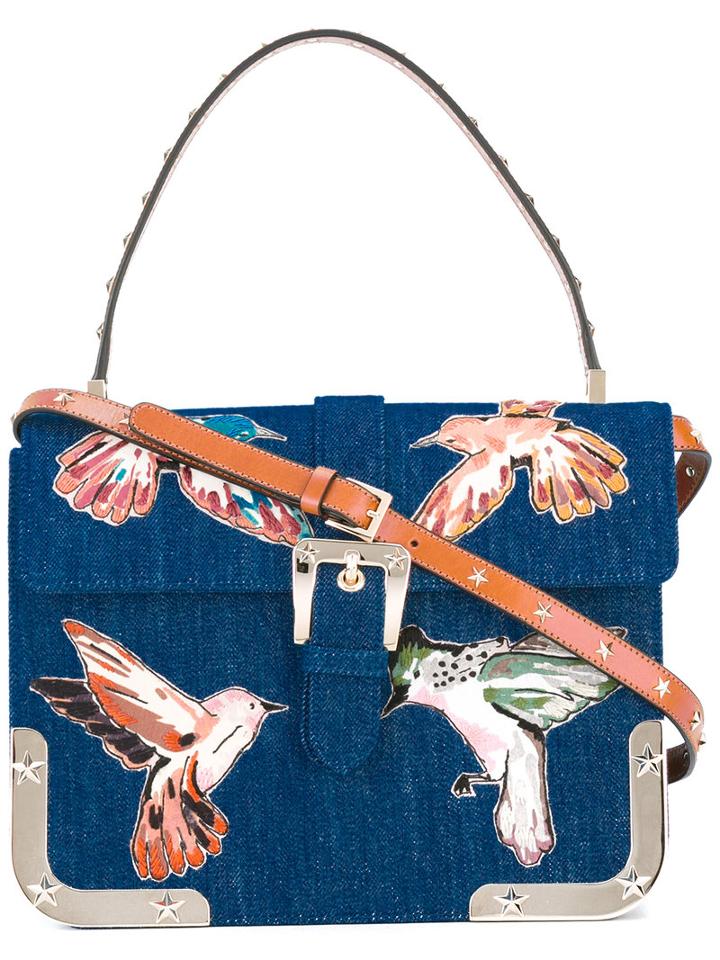 Red Valentino Birds Print Shoulder Bag, Women's, Blue, Cotton/metal/leather