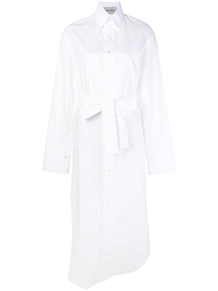 Balossa White Shirt Asymmetric Hem Tie Waist Maxi Shirt Dress