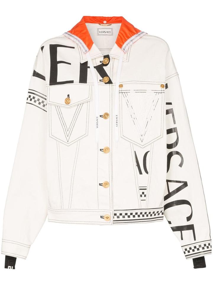 Versace Logo Print Hooded Denim Jacket - White