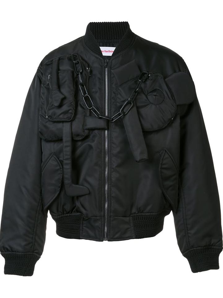 Walter Van Beirendonck Chain Detail Bomber Jacket, Men's, Size: 48, Black, Polyester/polyurethane