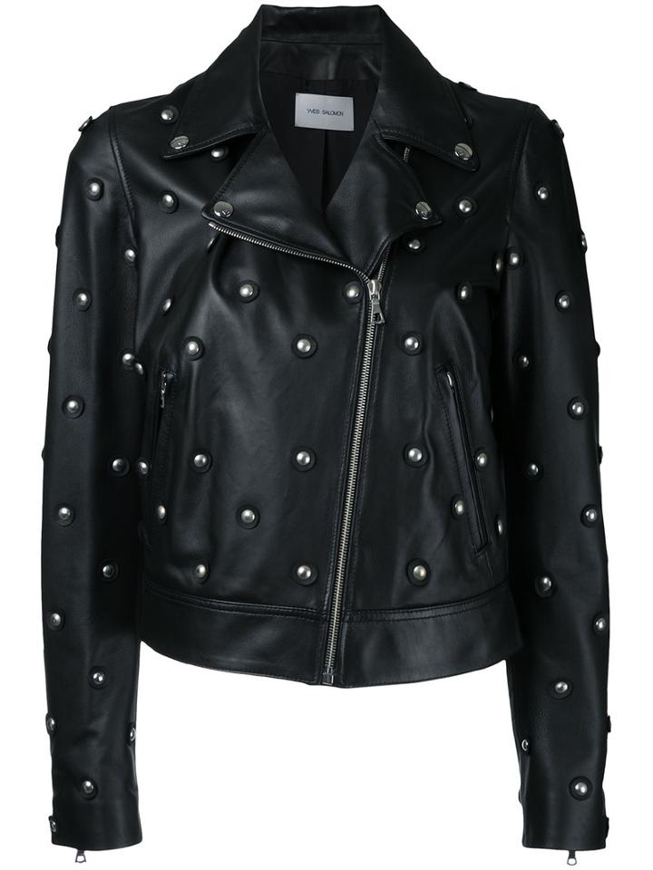 Yves Salomon - Studded Biker Jacket - Women - Silk/lamb Skin - 36, Black, Silk/lamb Skin