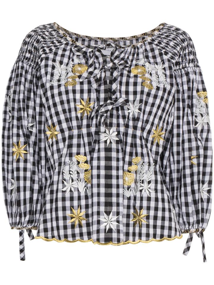 Innika Choo Floral Embroidered Gingham Bell Sleeve Top - Black