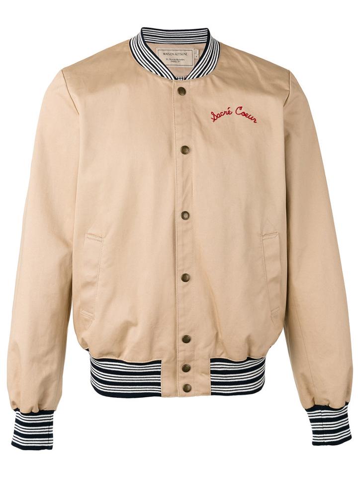 Maison Kitsuné Rear Embroidered Bomber Jacket, Men's, Size: Medium, Nude/neutrals, Cotton