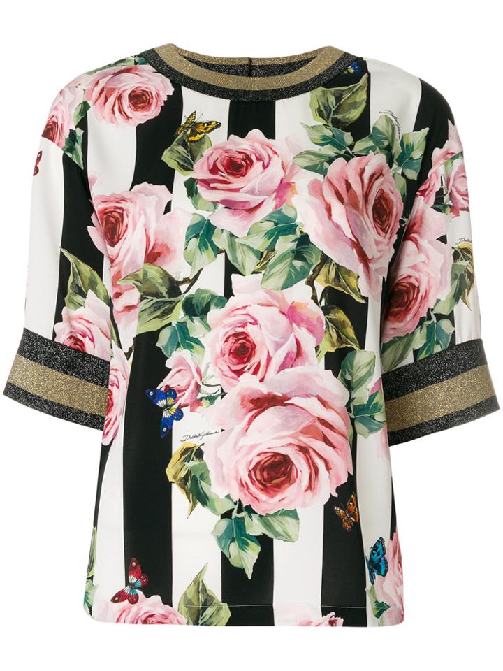 Dolce & Gabbana Striped Rose Print Top - Black