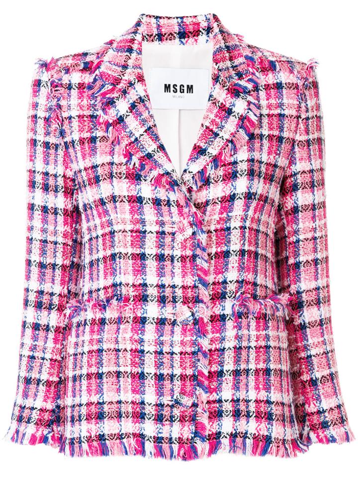Msgm Fringed Checked Tweed Jacket - Pink & Purple