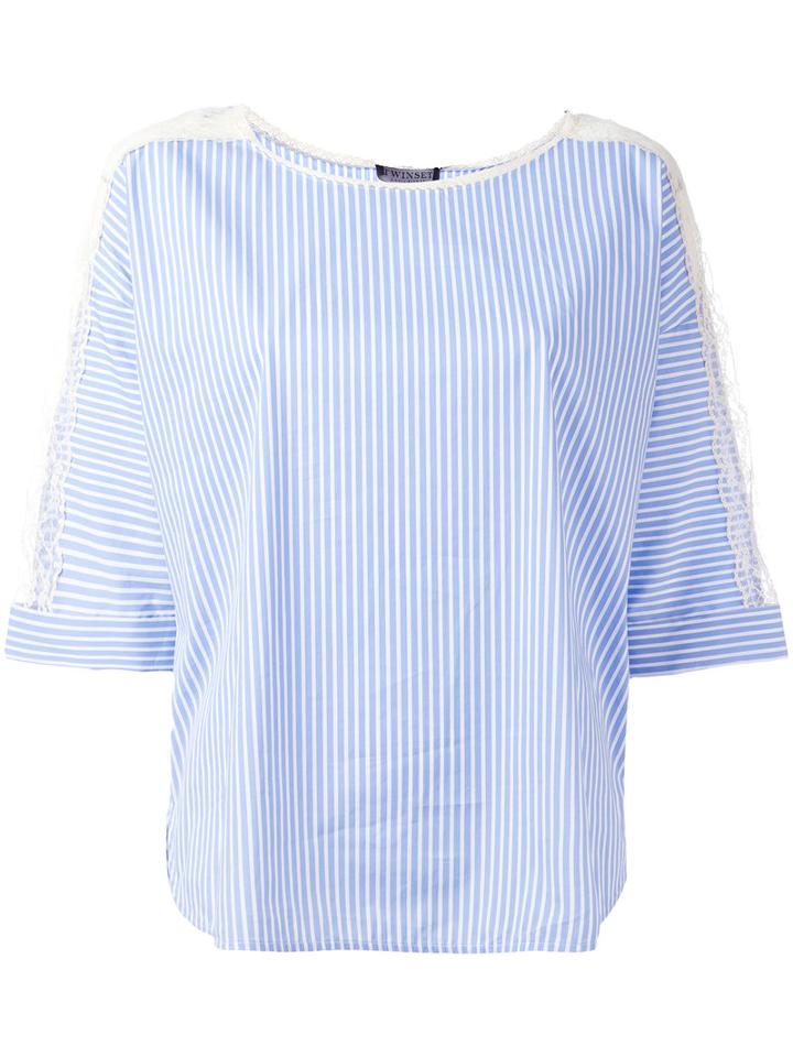 Twin-set Striped Lace Trim Blouse, Women's, Size: 42, Blue, Cotton/polyamide/spandex/elastane