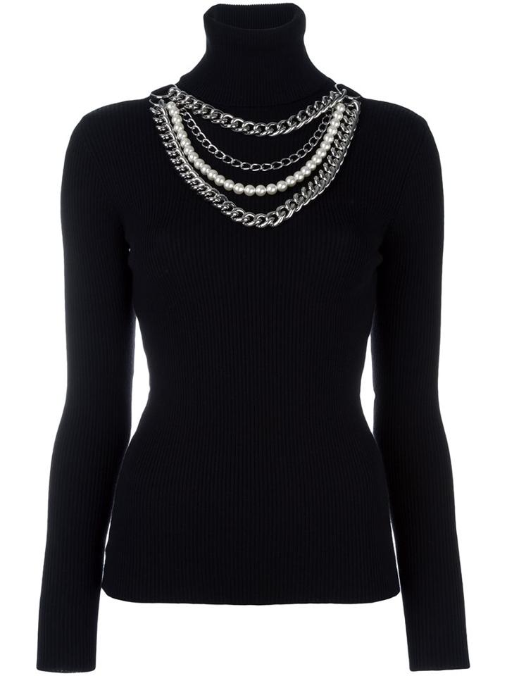 Moschino Pearl And Chain Embellished Jumper, Women's, Size: 44, Black, Virgin Wool