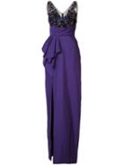 Marchesa Notte Embellished Pleated Waist Gown - Purple