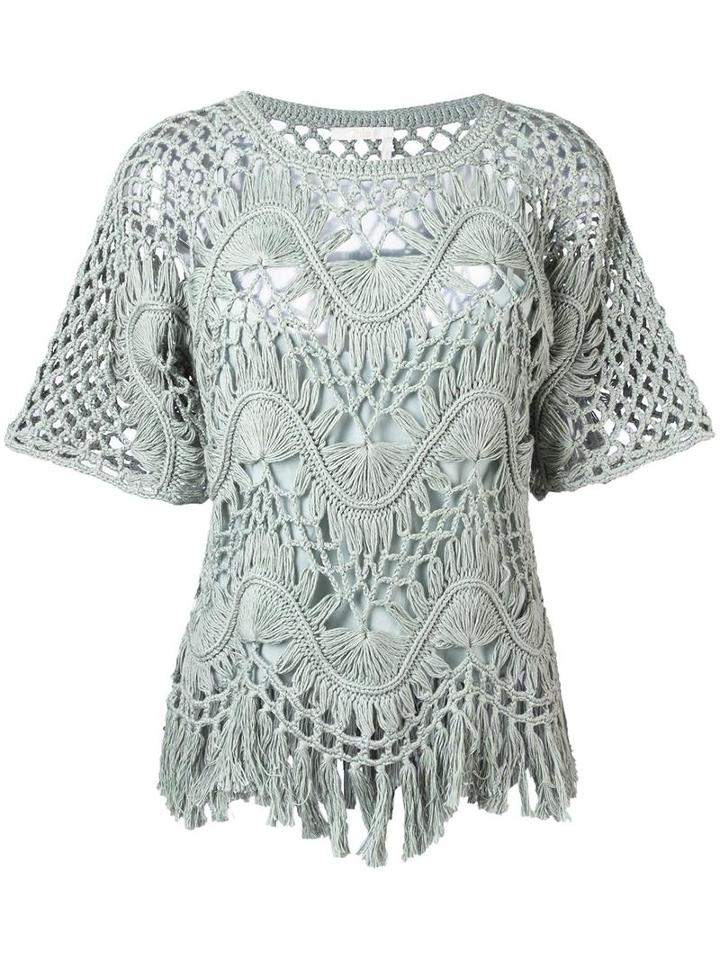 Chloé Fringed Macrame Top, Women's, Size: Medium, Green, Silk/cotton