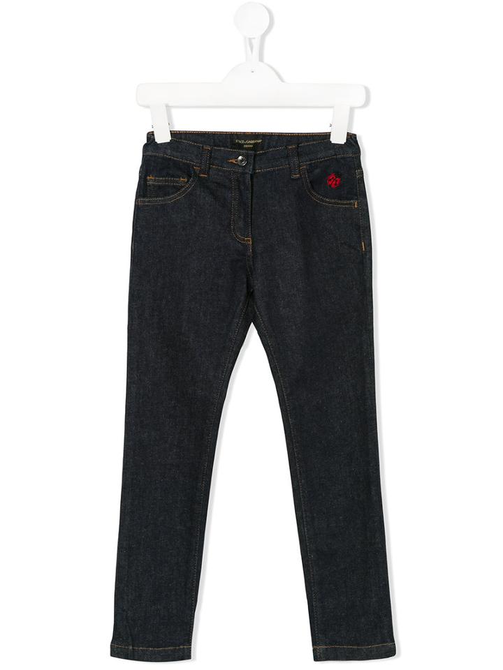 Dolce & Gabbana Kids - Embroidered Ladybug Jeans - Kids - Cotton/calf Leather/polyester/spandex/elastane - 4 Yrs, Blue
