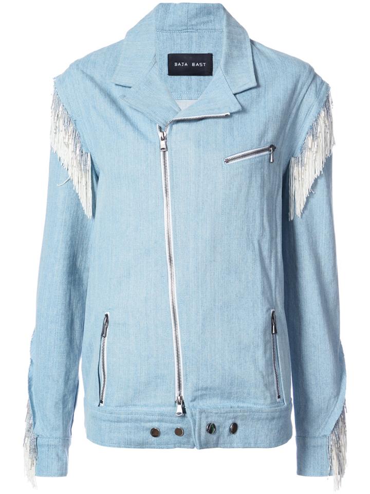 Baja East Fringed Trim Denim Biker Jacket - Blue