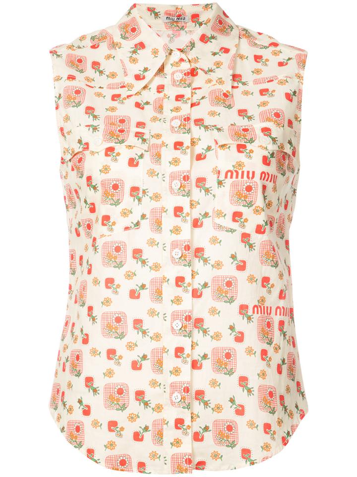 Miu Miu Logo Printed Sleeveless Collared Shirt - White