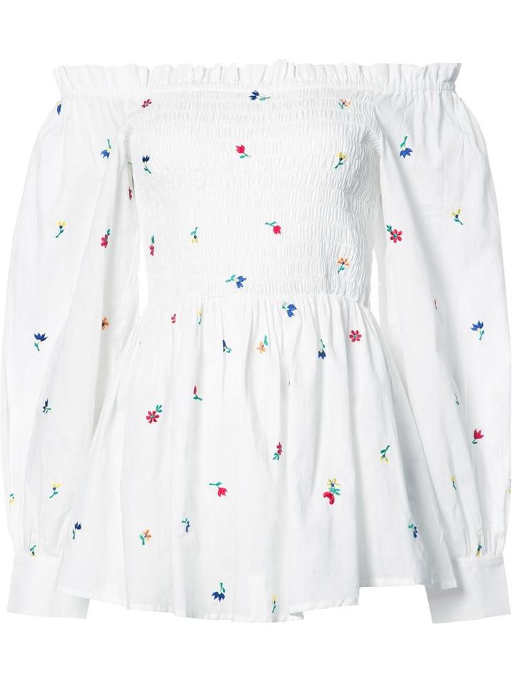 Suno Floral Embroidered Ruched Off-shoulder Top, Women's, Size: 6, White, Cotton