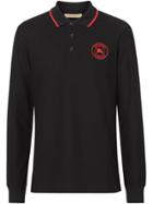 Burberry Long-sleeve Embroidered Logo Cotton Polo Shirt - Black