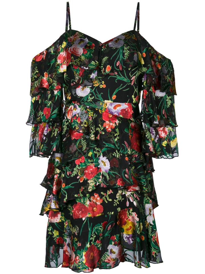 Alice+olivia Floral Print Frill Trim Mini Dress - Black