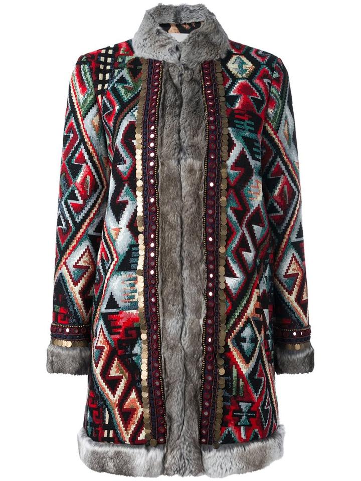 Bazar Deluxe Geometric Pattern Mid Coat, Women's, Size: 40, Polyester/spandex/elastane/acrylic/rabbit Fur
