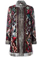Bazar Deluxe Geometric Pattern Mid Coat, Women's, Size: 40, Polyester/spandex/elastane/acrylic/rabbit Fur