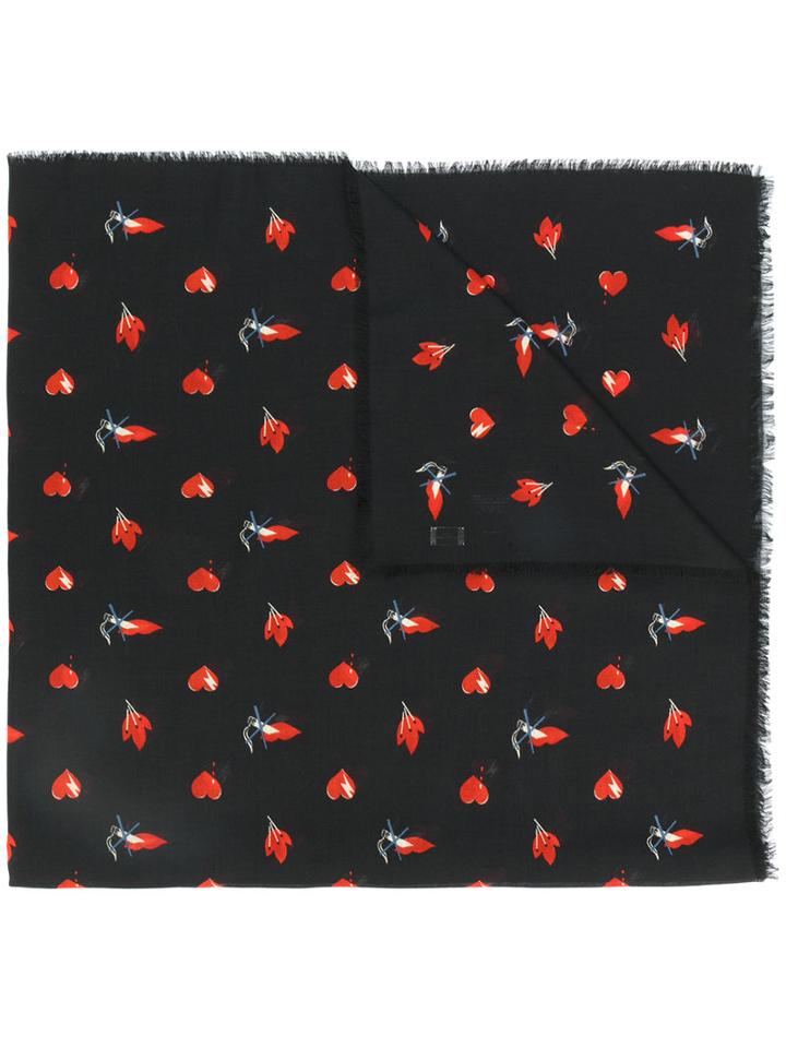 Saint Laurent - Red Heart, Lightning Bolt And Flame Print Scarf - Women - Cotton/wool - One Size, Black, Cotton/wool