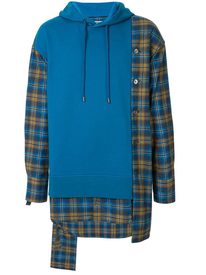 Wooyoungmi Check Shirt Colour Block Hoodie - Blue